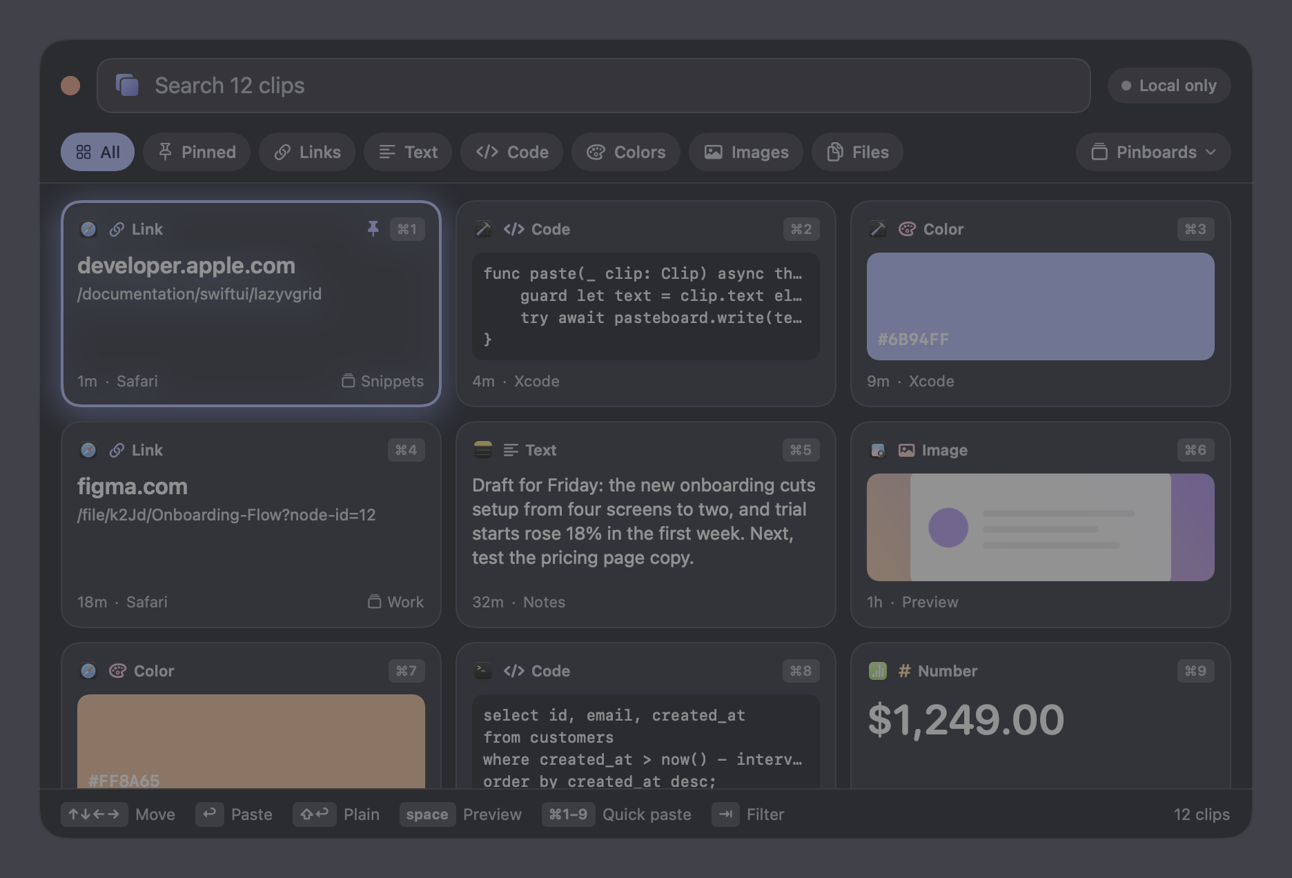 The Clipveil history panel showing recent clips as a grid of tiles
